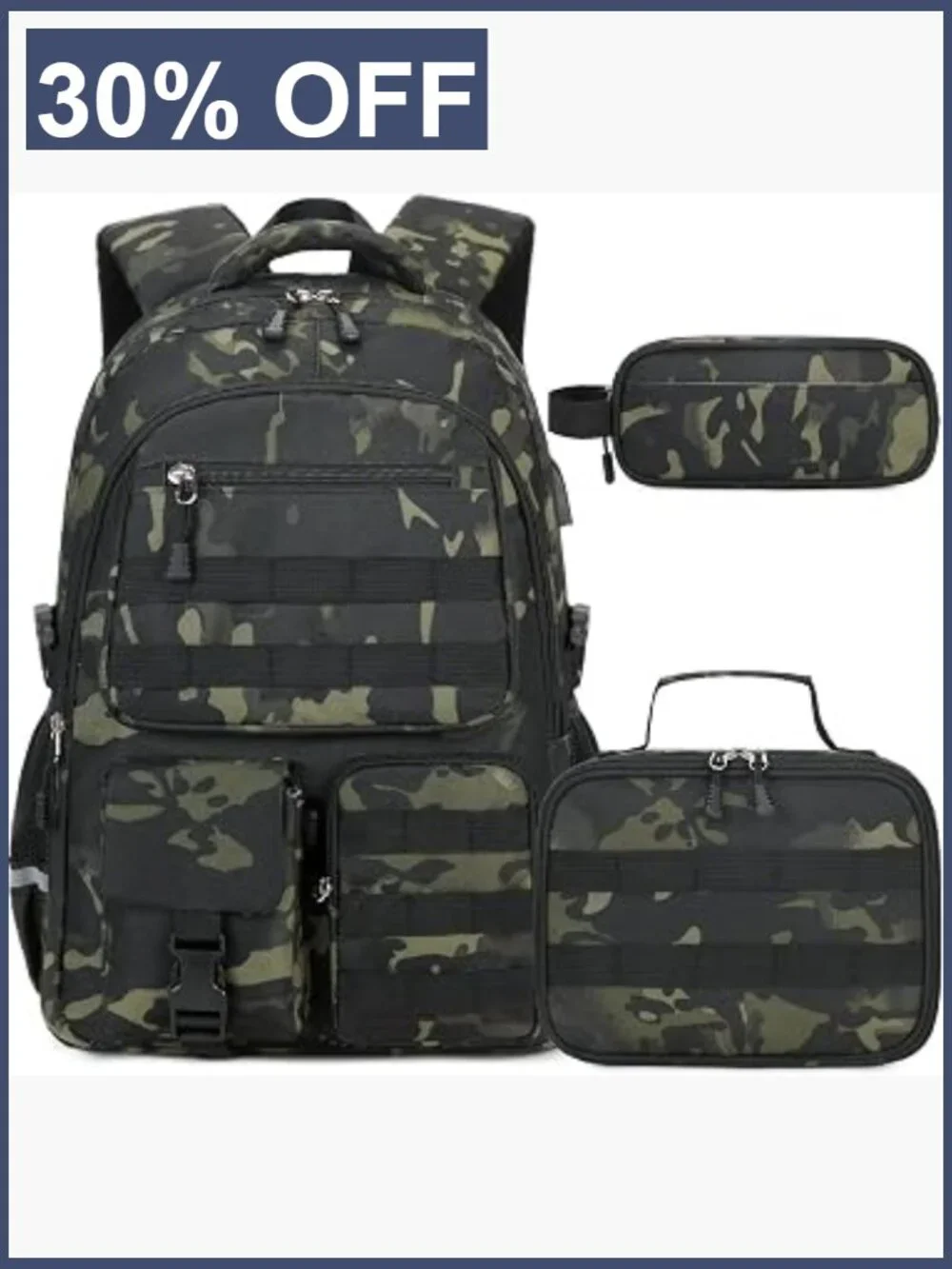 Tactical Camo Backpack Set for Boys with Lunch Bag Pencil Case, USB Port